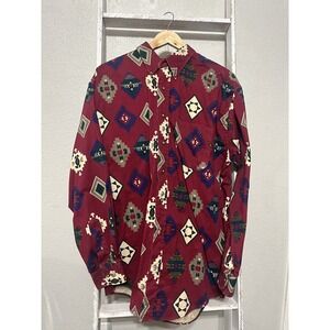 Vintage Review By Baxter Mens M Maroon Long Sleeve Southwest Aztec Button Shirt